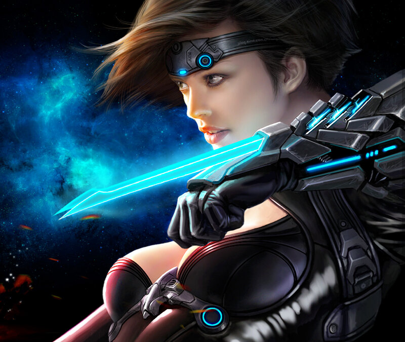 Female Warrior with Sword — Blue, Dramatic, Night, Digital Art, Headset
