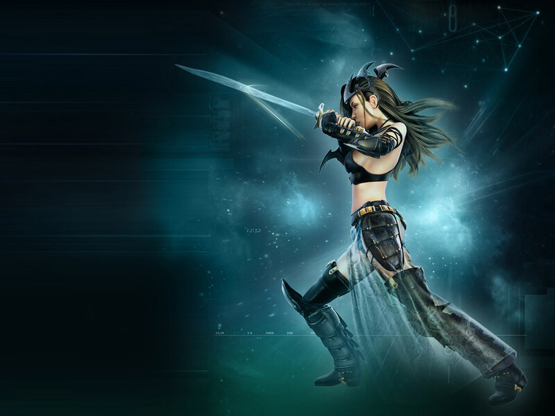 Female Warrior with Sword — Blue, Dramatic, Night, Digital Art, Helmet