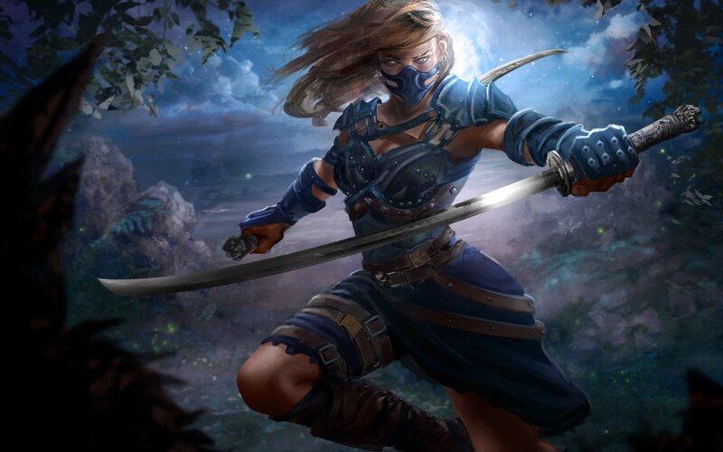 Female Warrior with Sword — Blue, Dramatic, Night, Digital Art, Mask, Forest