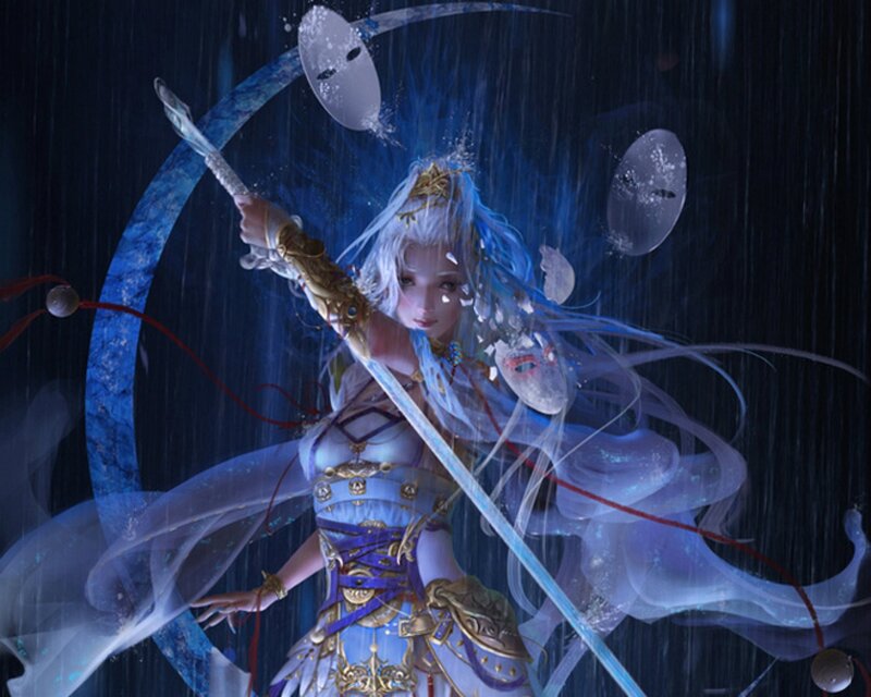 Female Warrior with Sword — Blue, Dramatic, Night, Digital Art, Mask, Rain