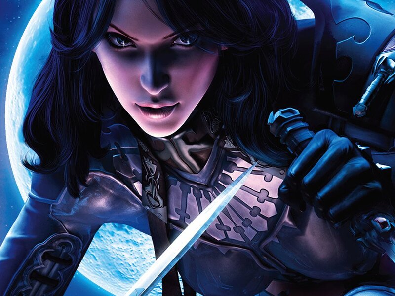 Female Warrior with Sword — Blue, Dramatic, Night, Digital Art, Moon, Armor