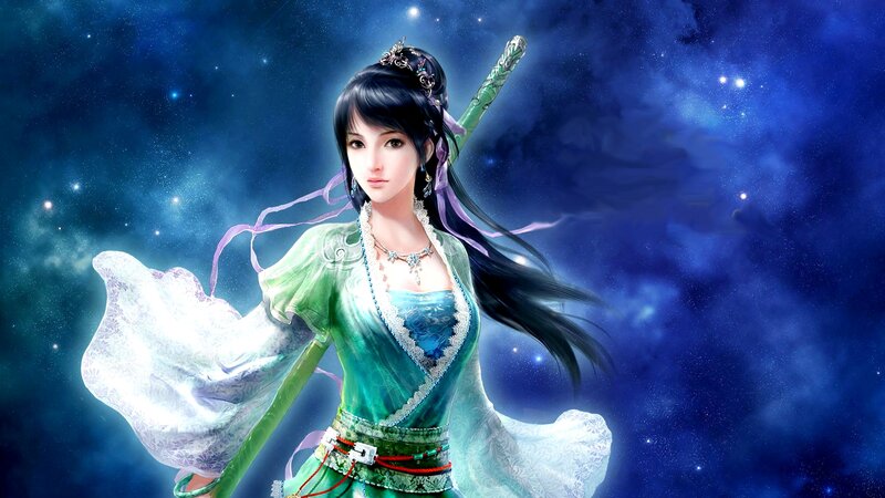 Female Warrior with Sword — Blue, Dramatic, Night, Digital Art, Stars
