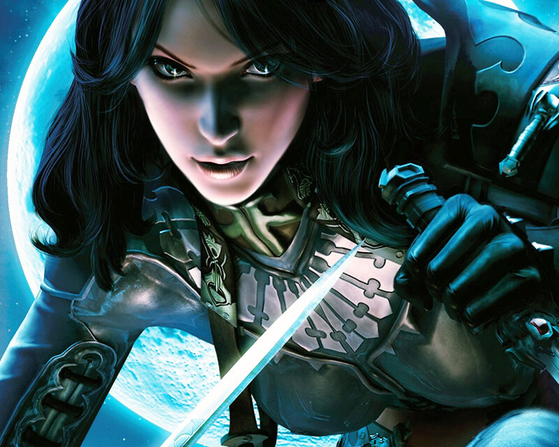 Female Warrior with Sword — Blue, Dramatic, Night, Digital Art