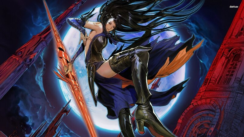 Female Warrior with Sword — Blue, Dramatic, Night, Manga, Moon