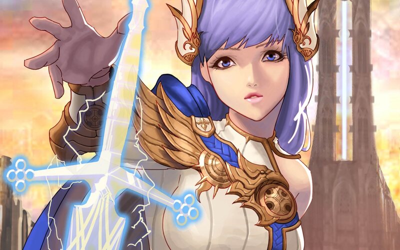 Female Warrior with Sword — Blue, Dramatic, Sunset, Anime