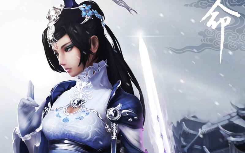 Female Warrior with Sword — Blue, Dramatic, Winter, Digital Art, Snow, Traditional Clothing