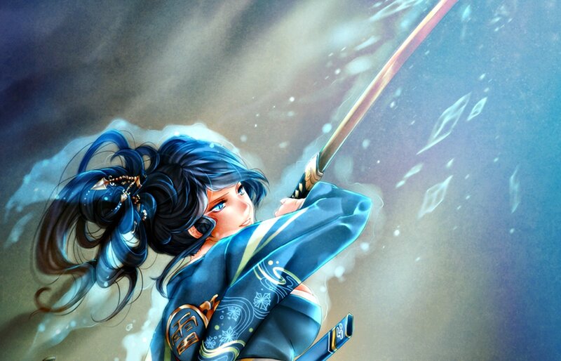 Female Warrior with Sword — Blue, Dramatic, Winter, Digital Art