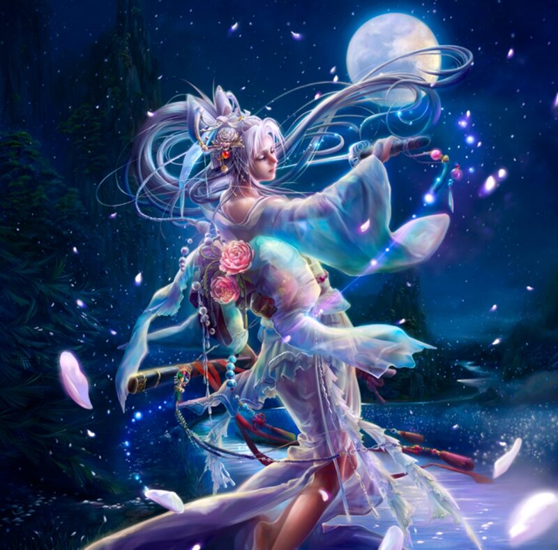 Female Warrior with Sword — Blue, Serene, Night