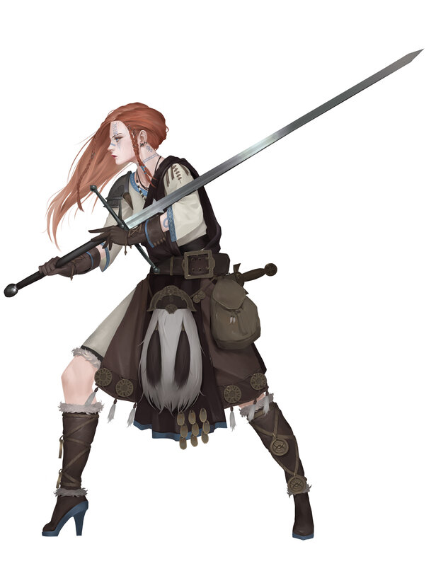 Female Warrior with Sword — Brown, Determined