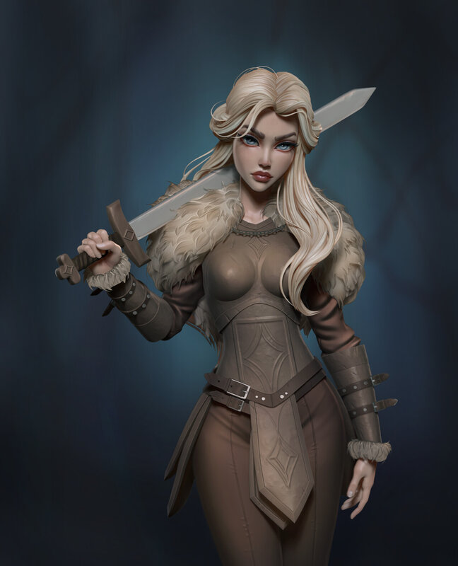 Female Warrior with Sword — Brown, Dramatic, 3d Render