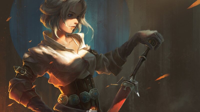 Female Warrior with Sword — Brown, Dramatic, Digital Art, Armor, Fire