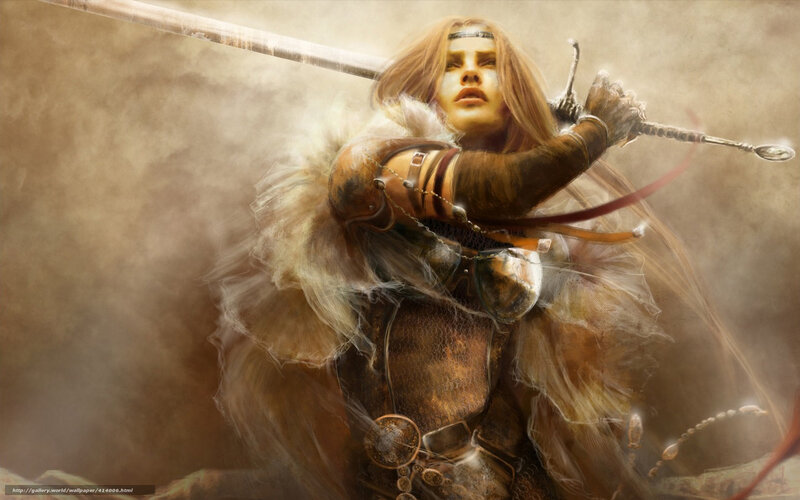 Female Warrior with Sword — Brown, Dramatic, Digital Art, Armor, Fur