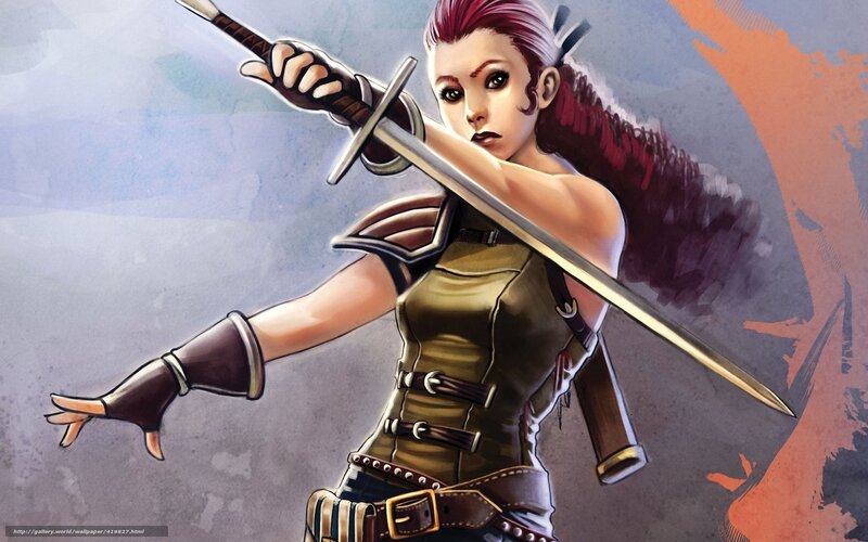 Female Warrior with Sword — Brown, Dramatic, Digital Art, Armor, Hair