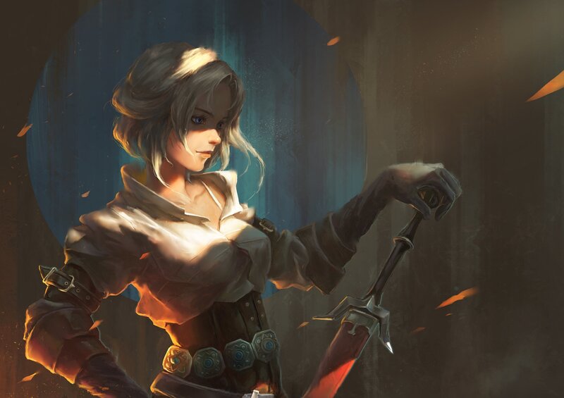 Female Warrior with Sword — Brown, Dramatic, Digital Art, Armor, Light