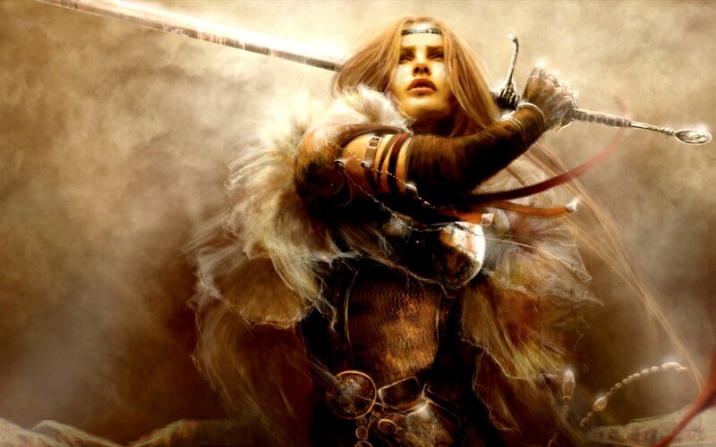 Female Warrior with Sword — Brown, Dramatic, Digital Art, Armor