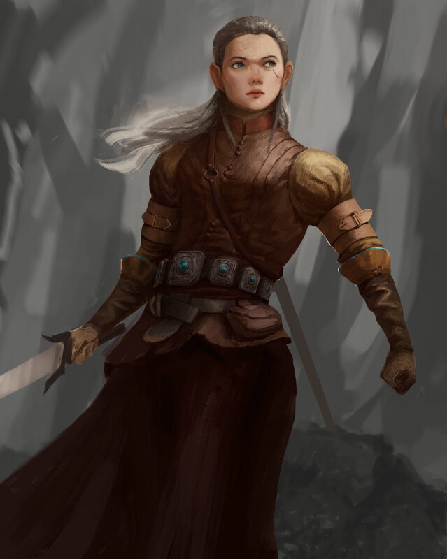 Female Warrior with Sword — Brown, Dramatic, Digital Art, Belt