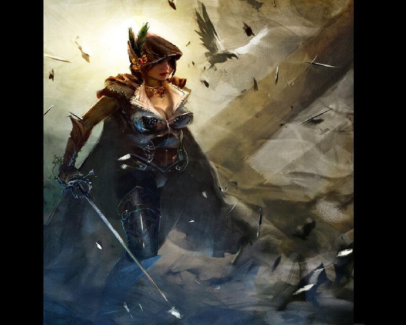 Female Warrior with Sword — Brown, Dramatic, Digital Art, Feather Hat, Birds