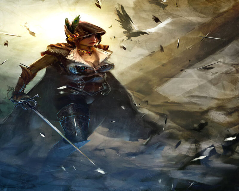 Female Warrior with Sword — Brown, Dramatic, Digital Art, Feather Hat