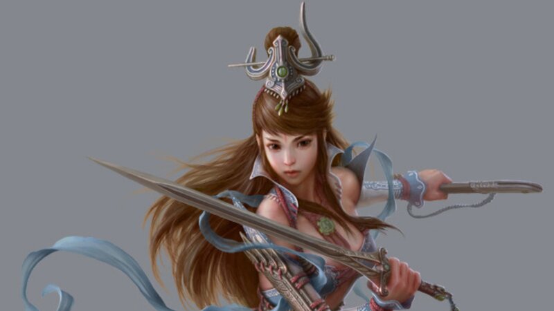 Female Warrior with Sword — Brown, Dramatic, Digital Art, Helmet, Ribbon