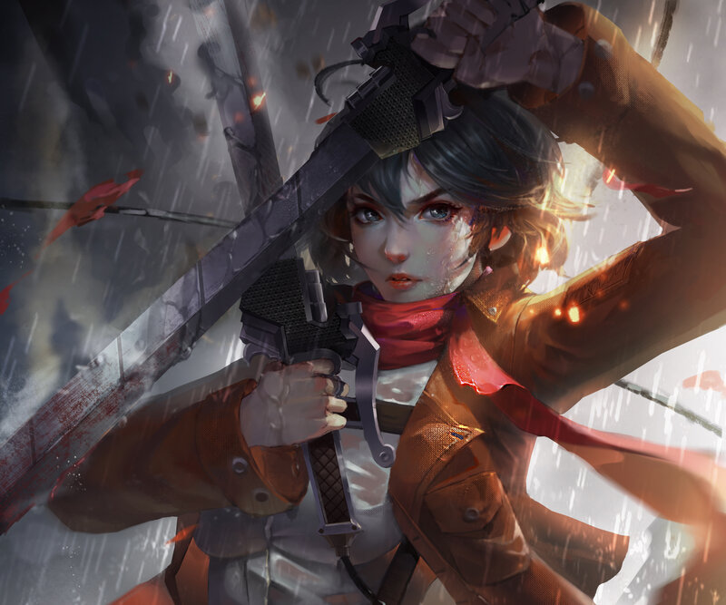 Female Warrior with Sword — Brown, Dramatic, Digital Art, Rain
