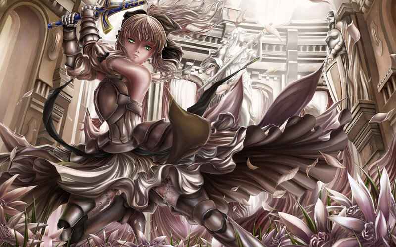 Female Warrior with Sword — Brown, Dramatic, Digital Art, Statues, Flowers