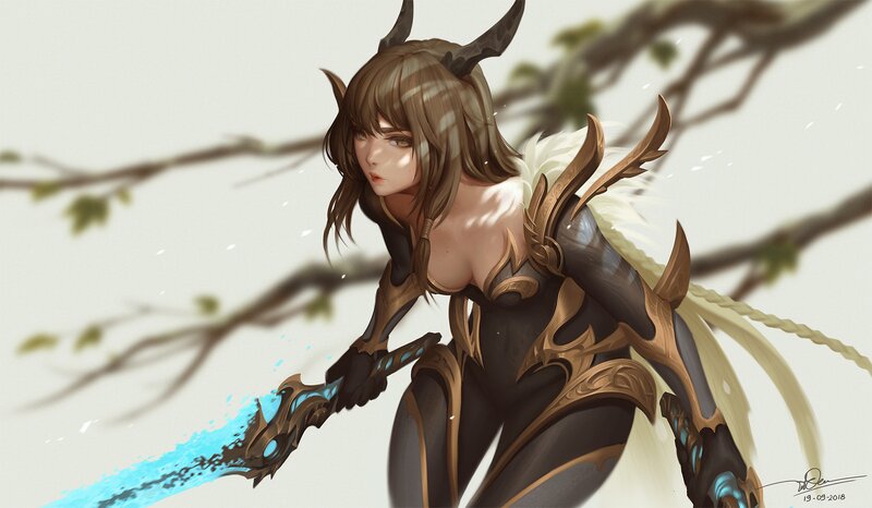 Female Warrior with Sword — Brown, Dramatic, Spring