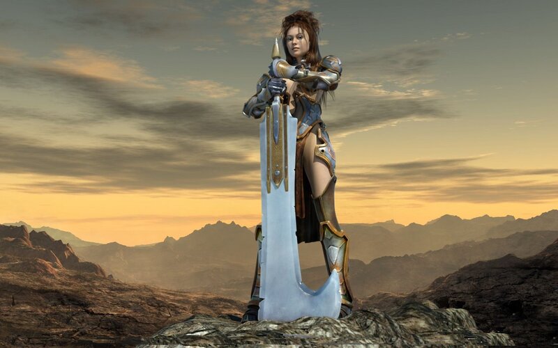Female Warrior with Sword — Brown, Dramatic, Sunset, 3d Render, Mountains