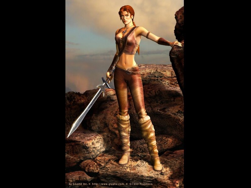 Female Warrior with Sword — Brown, Dramatic, Sunset, 3d Render, Rocky Terrain