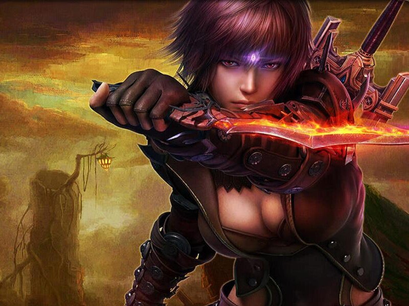Female Warrior with Sword — Brown, Dramatic, Sunset, Digital Art, Armor, Flame