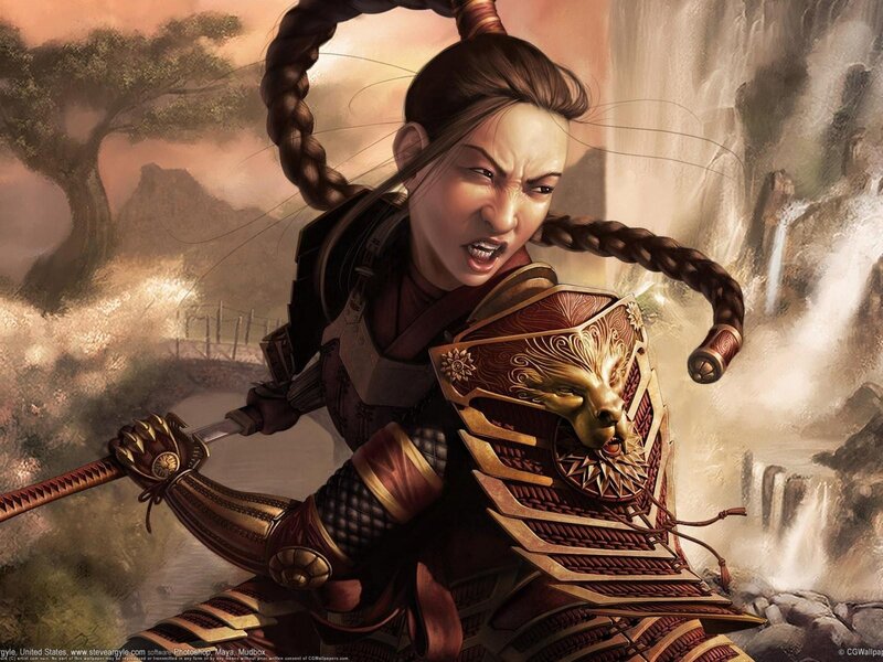 Female Warrior with Sword — Brown, Dramatic, Sunset, Digital Art, Armor