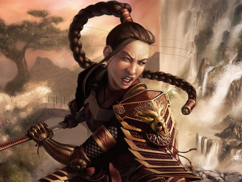 Female Warrior with Sword — Brown, Dramatic, Sunset, Digital Art, Armor, Waterfall