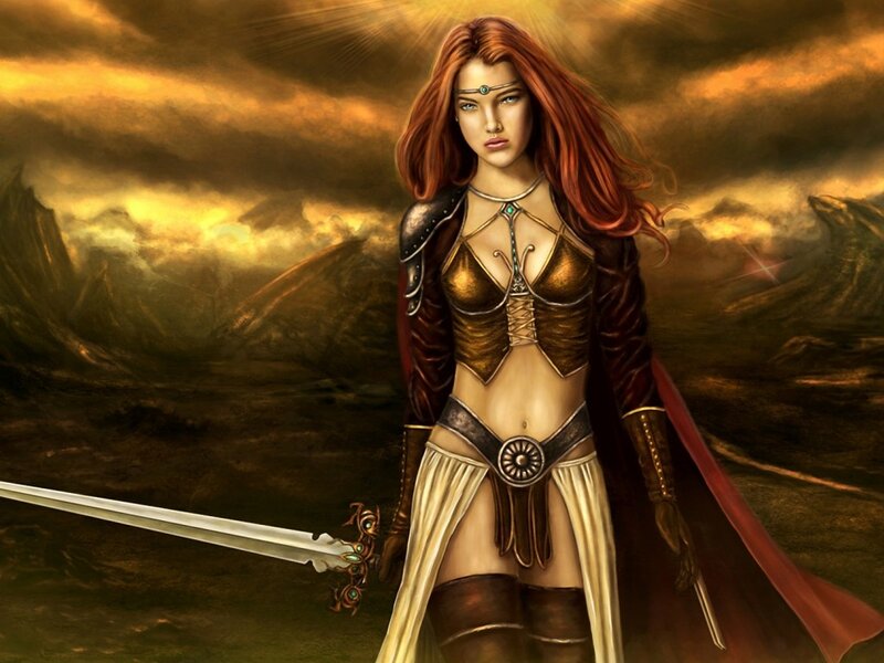 Female Warrior with Sword — Brown, Dramatic, Sunset, Digital Art, Cape, Armor