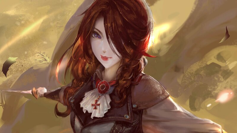 Female Warrior with Sword — Brown, Dramatic, Sunset, Digital Art, Cape, Cross