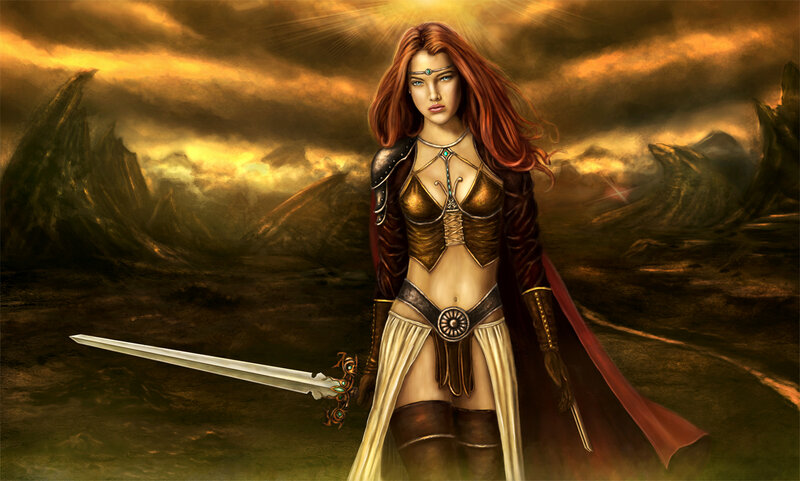 Female Warrior with Sword — Brown, Dramatic, Sunset, Digital Art, Cape, Mountains