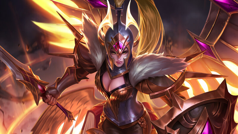 Female Warrior with Sword — Gold, Dramatic, Digital Art, Armor, Helmet