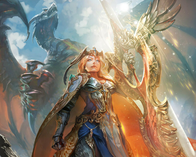 Female Warrior with Sword — Gold, Dramatic, Digital Art, Dragon