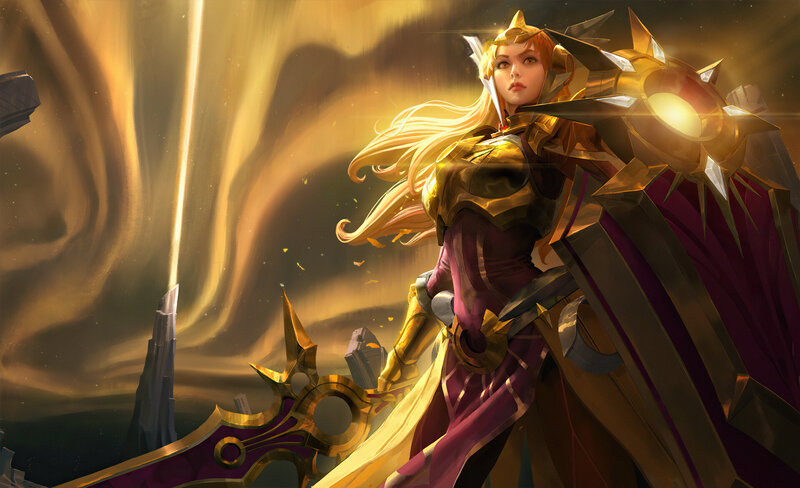 Female Warrior with Sword — Gold, Dramatic, Digital Art, Shield, Armor