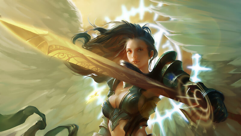 Female Warrior with Sword — Gold, Dramatic, Digital Art, Wings