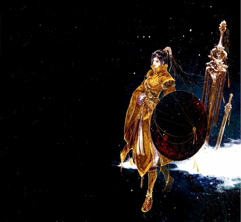Female Warrior with Sword — Gold, Dramatic, Night, Digital Art