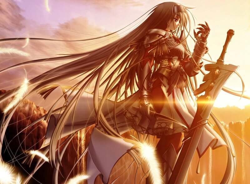 Female Warrior with Sword — Gold, Dramatic, Sunset, Anime