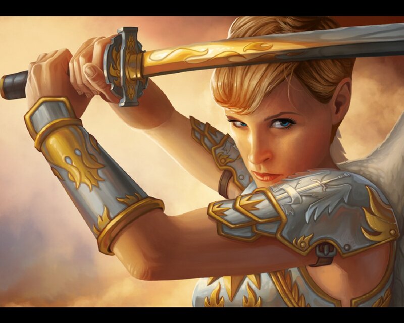 Female Warrior with Sword — Gold, Dramatic, Sunset, Digital Art, Armor