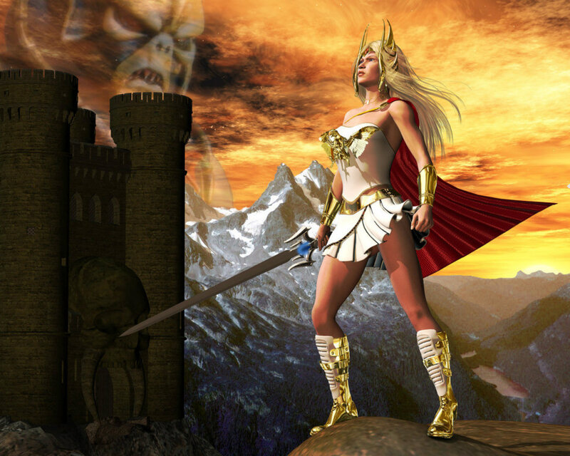 Female Warrior with Sword — Gold, Dramatic, Sunset, Digital Art, Castle