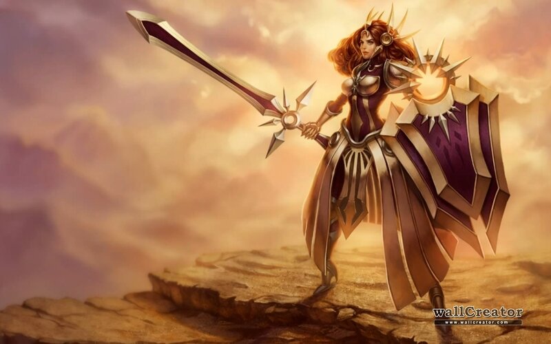 Female Warrior with Sword — Gold, Dramatic, Sunset, Digital Art, Shield, Armor, Purple