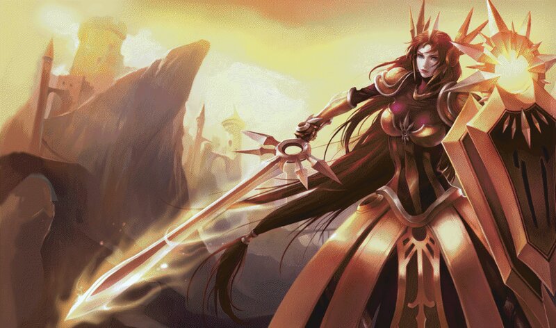 Female Warrior with Sword — Gold, Dramatic, Sunset, Digital Art, Shield, Castle