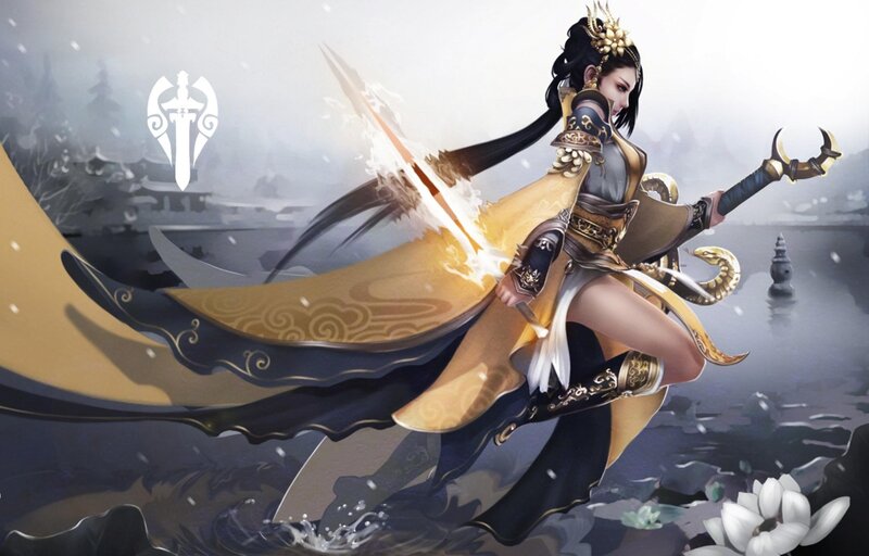 Female Warrior with Sword — Gold, Dramatic, Winter