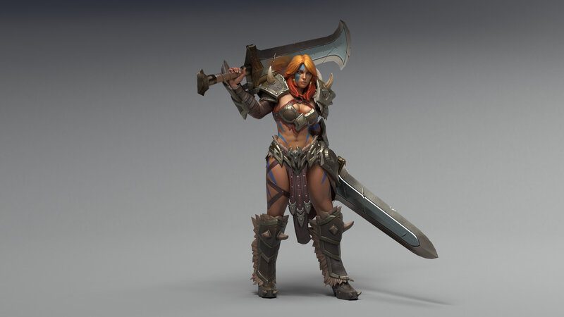 Female Warrior with Sword — Gray, Battle-ready