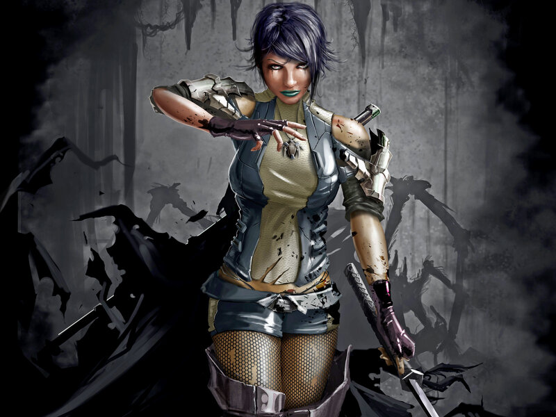 Female Warrior with Sword — Gray, Dark