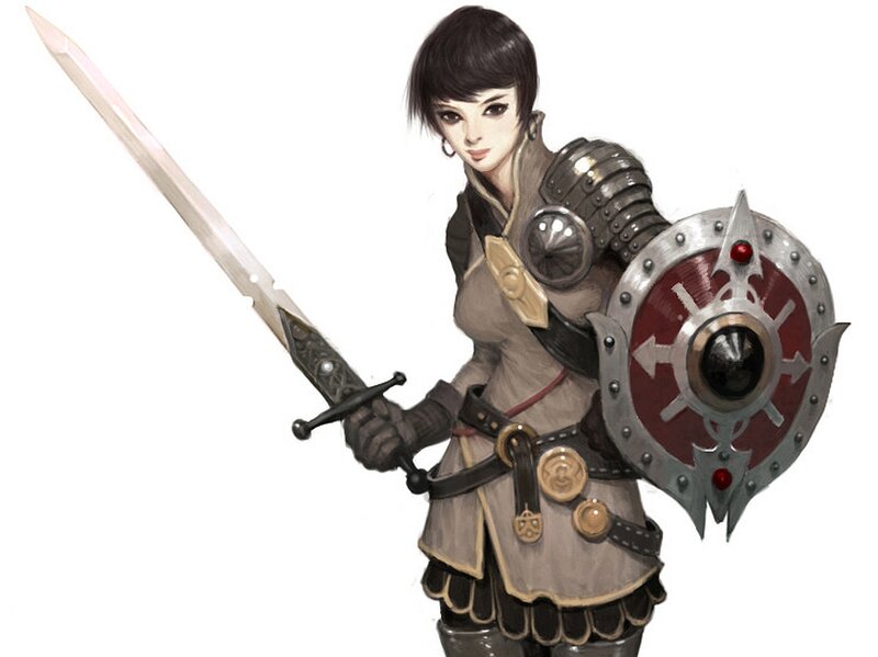 Female Warrior with Sword — Gray, Determined