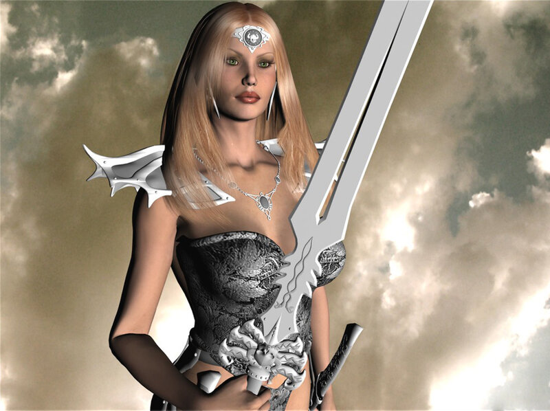 Female Warrior with Sword — Gray, Dramatic, 3d Render, Armor, Clouds