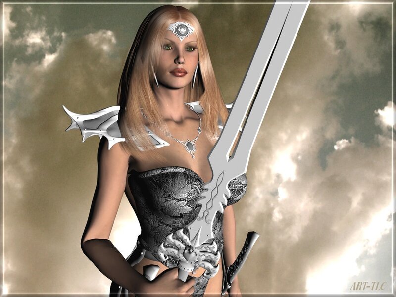 Female Warrior with Sword — Gray, Dramatic, 3d Render, Armor, Clouds, White